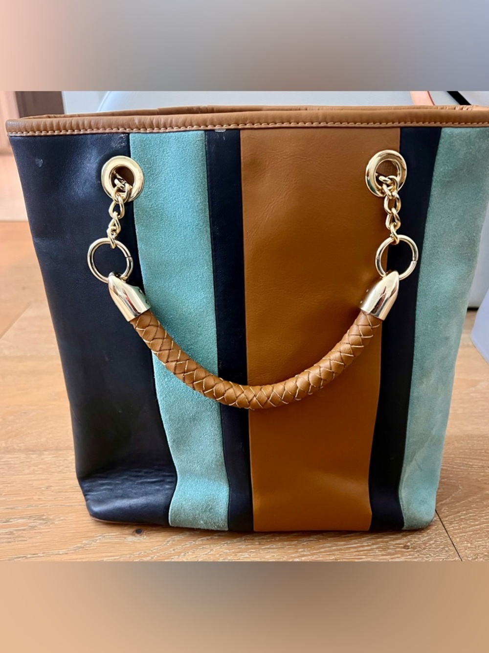 Talbot Striped Colorblock Tote Bag Teal, Brown & Black Women's Handbag